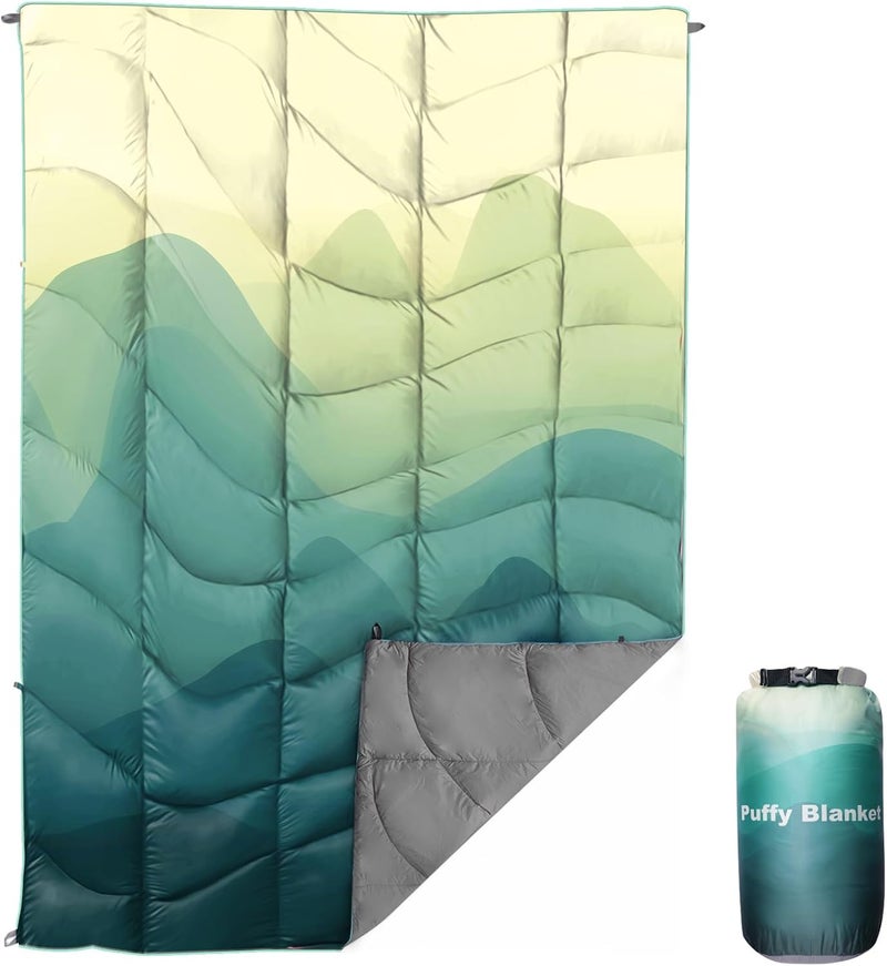 GLORSIGN Outdoor Puffy Camping Blanket, Lightweight Down Alternative Puffy Printed Camping Large Ultra Warm Hammock Top Quilt Waterproof Blanket for Traveling Picnic Beach Party Cold Weather (Green Mountain) - Image 1